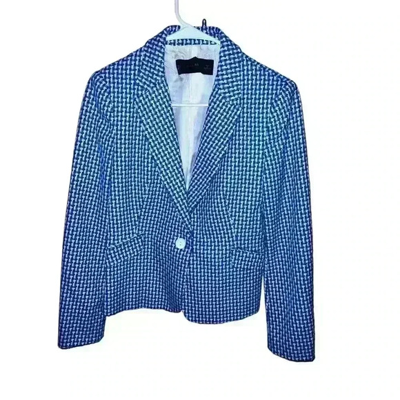 Zara Basic Blue one button c Blazer Sz M Herringbone Office Siren Secretary - Picture 1 of 6
